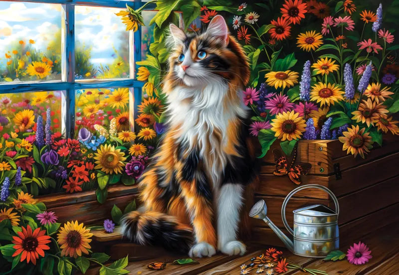 Meditation mit Katze und Blumen