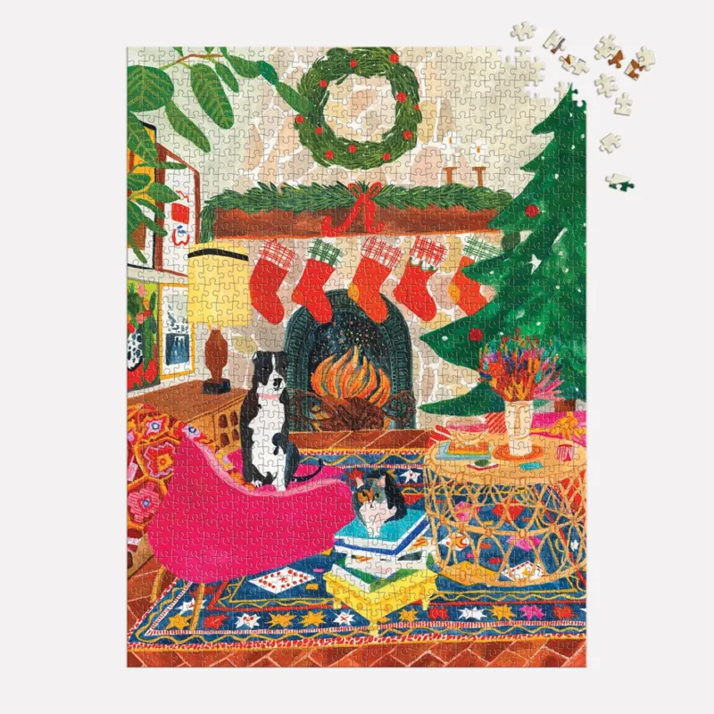 Freunde am Kamin – 1000-teiliges Puzzle in einer Quadratischen Box