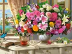 Sommerblumen und eine Tasse Tee